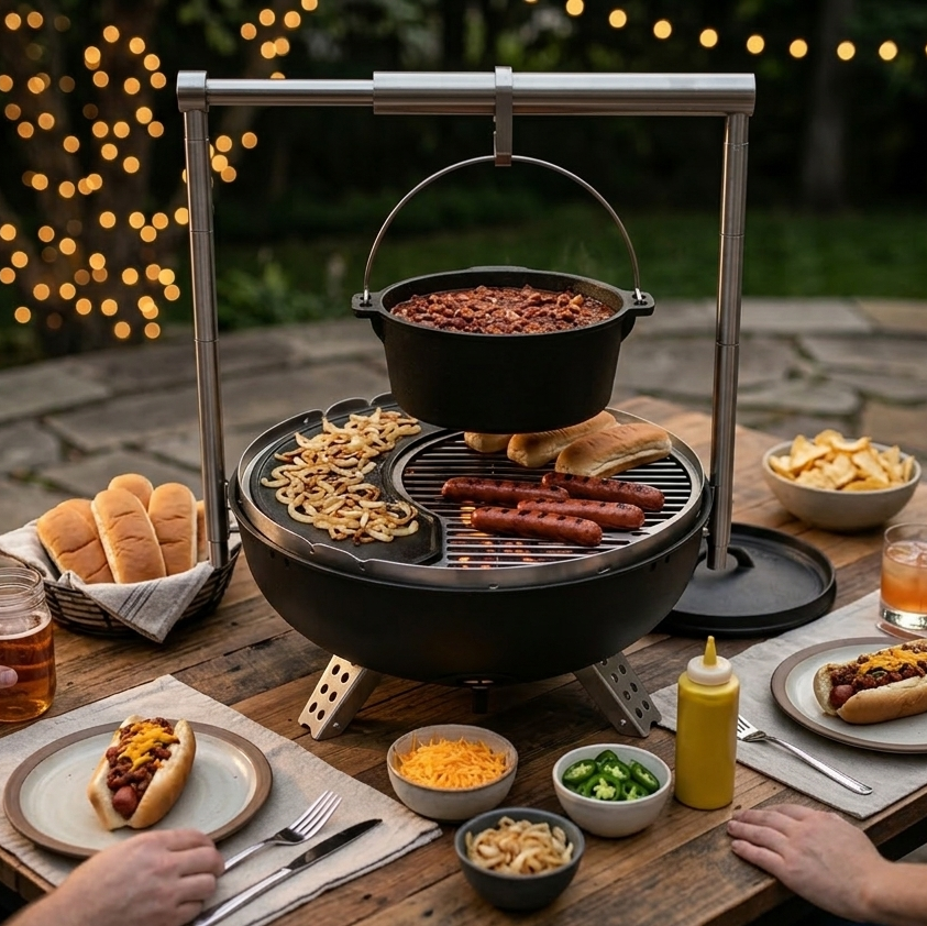 Dutch Oven Chili Dogs with Griddled Onions