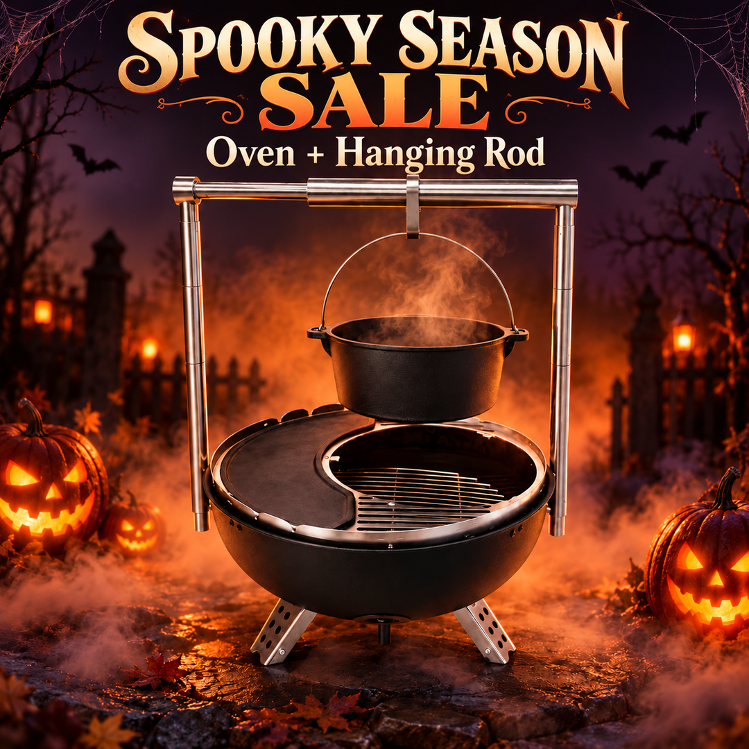 BOLA Oven hanging over the grill in a Halloween sale scene with pumpkins